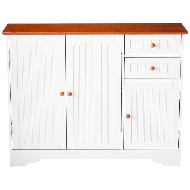 White Wood Sideboard Buffet with Walnut Finish Top and Knobs