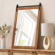 40 x 25 Inch Farmhouse Bathroom Mirror with Wooden Frame and Metal Bracket-Brown - Color: Brown