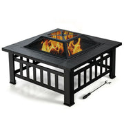 32 Inch 3 in 1 Outdoor Square Fire Pit Table with BBQ Grill and Rain Cover for Camping - Color: Black