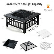 32 Inch 3 in 1 Outdoor Square Fire Pit Table with BBQ Grill and Rain Cover for Camping - Color: Black