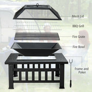 32 Inch 3 in 1 Outdoor Square Fire Pit Table with BBQ Grill and Rain Cover for Camping - Color: Black