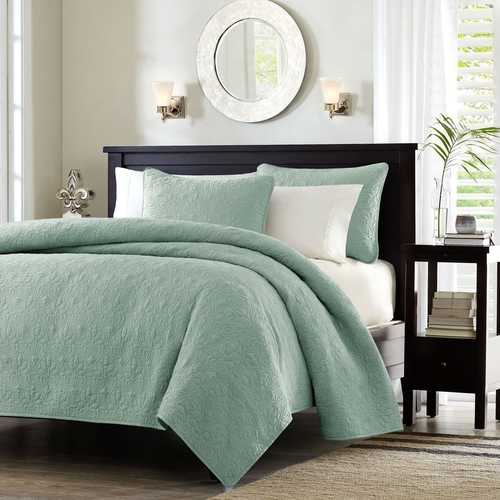 King size Seafoam Green Blue Coverlet Set with Quilted Floral Pattern ...