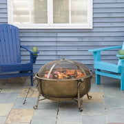 Large Wood Burning Fire Pit Cauldron Style Steel Bowl w/ BBQ Grill, Log Poker, and Mesh Screen Lid