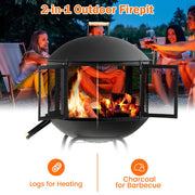 28 Inch Portable Fire Pit on Wheels with Log Grate-Black