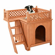 Wooden Dog House with Stairs and Raised Balcony for Puppy and Cat