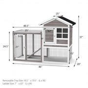 2-Story Wooden Rabbit Hutch with Running Area-Gray - Color: Gray