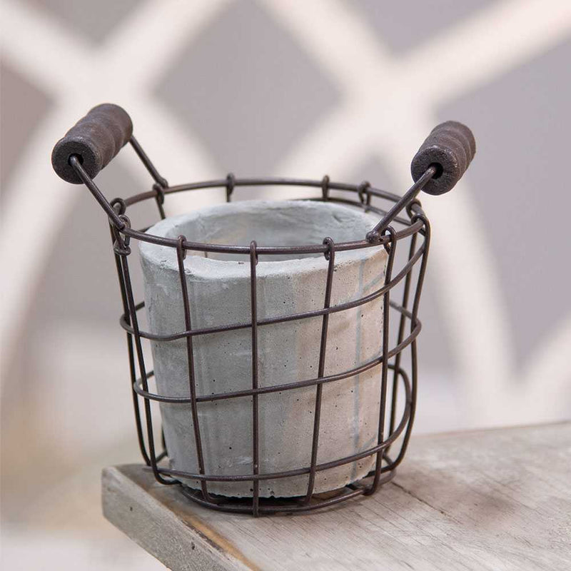 Classic Cement Planter with Rustic Wire Basket 5.5"