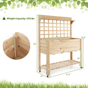 Wooden Raised Garden Bed with Wheels Trellis and Storage Shelf
