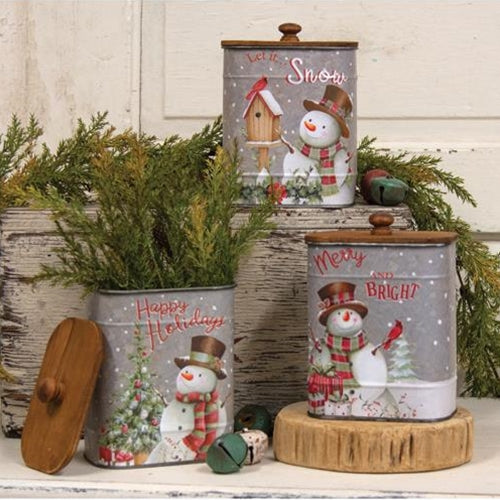 Metal Snowman Canister with Lid  (3 Count Assortment)