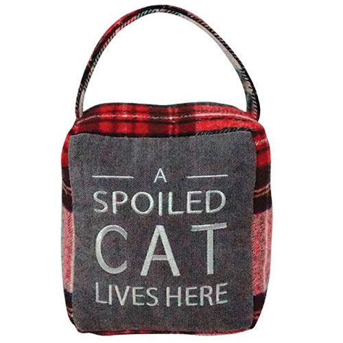Red & Gray Plaid "A Spoiled Cat Lives Here" Doorstop